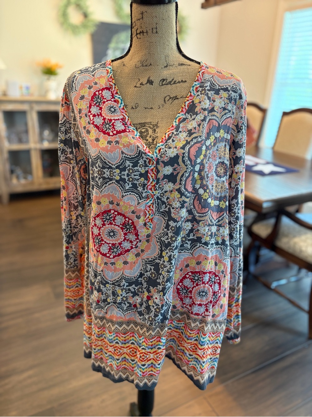 Johnny Was Cream Multi Floral Medallion V-Neck Tunic